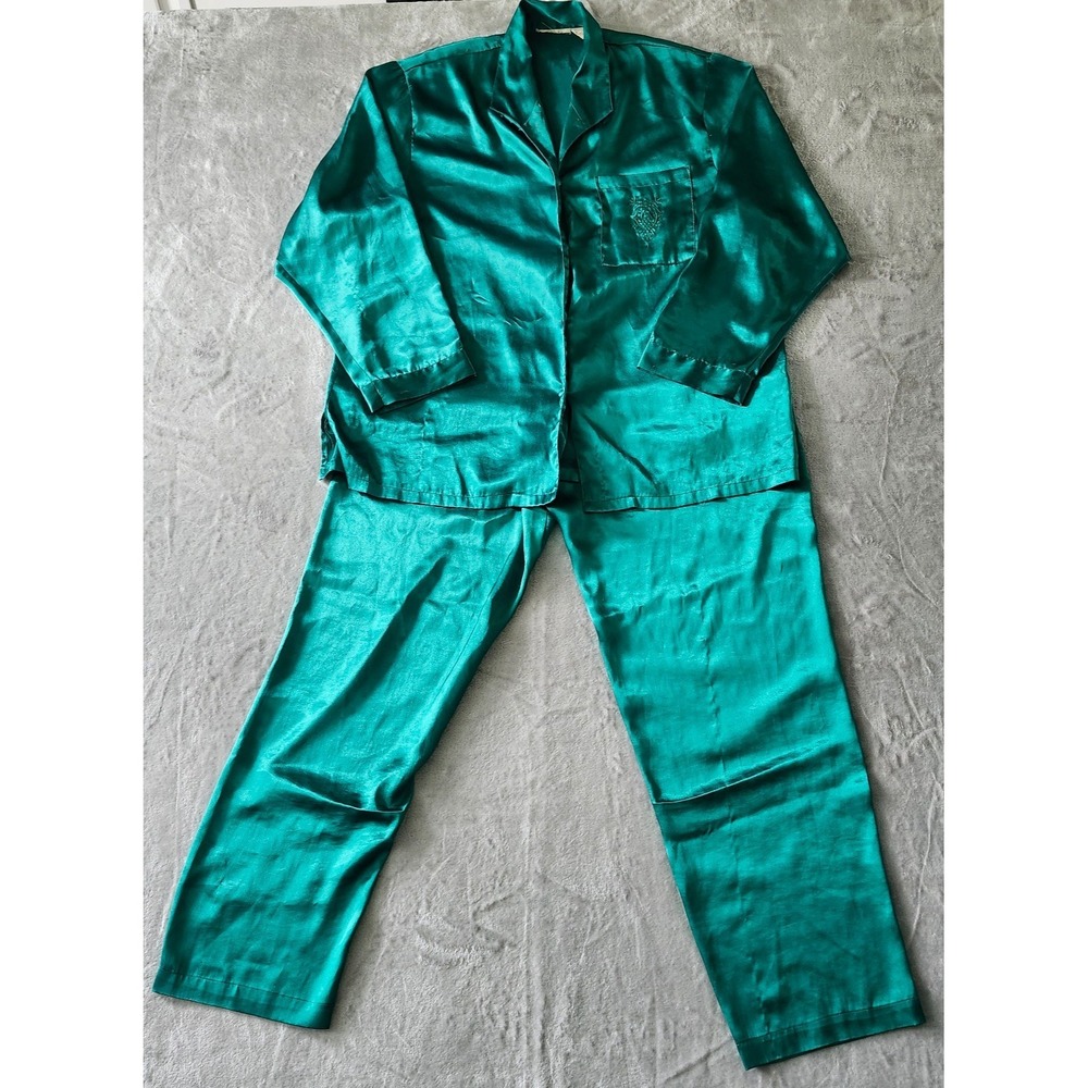 Vintage Victoria's Secret 80s Gold‎ Label Emerald Green Satin Pajama Set Medium